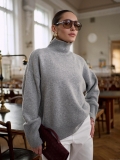 Women's High Neck Knit Sweater 80% Cotton Blend Loose Fit Long Sleeve Pullover Autumn Winter Warm Casual Solid Color Top For Ladies