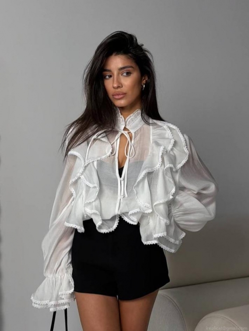 Women Elegant White Ruffle Chiffon Blouse V Neck Tie Up Flare Long Sleeve Translucent Mesh Shirt For Spring Autumn Daily Dating Party Lady Vintage French Style Top