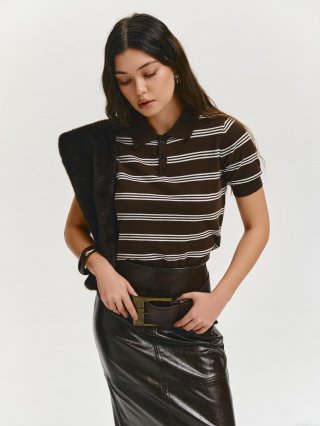 Women's American Vintage Striped Knit Polo Shirt Drop Shoulder Short Sleeve Lapel Button Tee Cotton Blend Summer Casual Top
