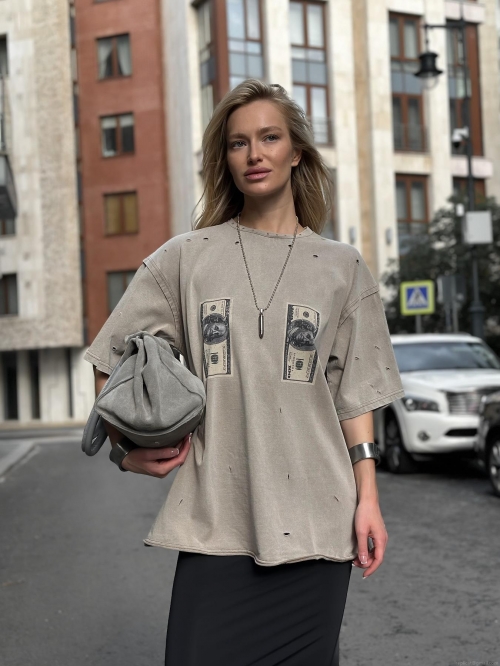 Women's Oversized 100% Cotton T-Shirt Distressed Ripped Washed Dollar Print Streetwear Retro Short Sleeve Tee Top For Summer Daily Wear