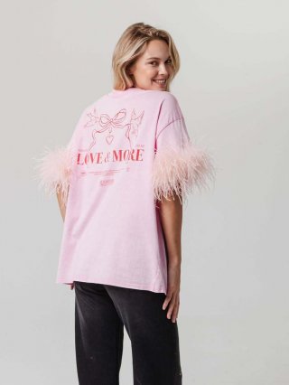 Women's Oversized 100% Cotton T-Shirt With Feather Patchwork Cuffs Pink Short Sleeve Top Bow Heart Print Casual Streetwear Tee