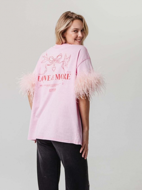 Women's Oversized 100% Cotton T-Shirt With Feather Patchwork Cuffs Pink Short Sleeve Top Bow Heart Print Casual Streetwear Tee
