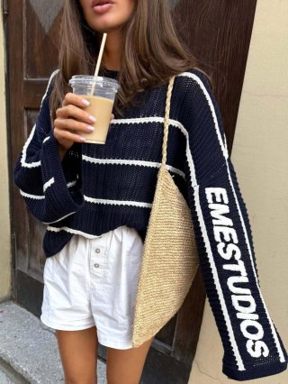EME STUDIOS Striped Knit Sweater Oversized Long Sleeve Round Neck Cotton Blend Pullover Top For Women Autumn Casual Lazy Style Striped Jumper