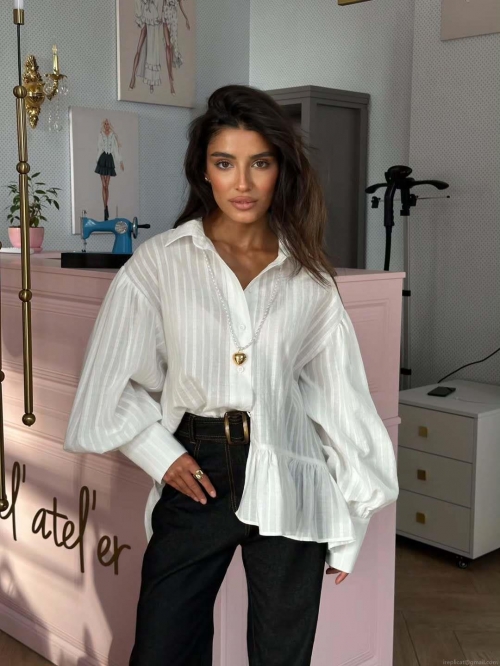 Women European Style White Striped Ruffle Blouse Casual Loose Puff Long Sleeve Shirt Cotton Blend Single Breasted Button Down Tops