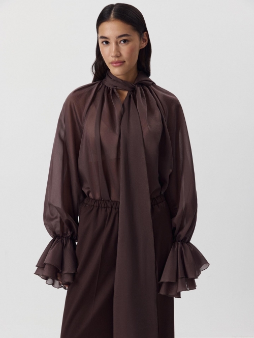 Women's Sheer Organza Flare Sleeve Blouse Elegant Bow Tie Neck Loose Transparent Shirt Vintage Ruffle Cuff Top for Party Streetwear