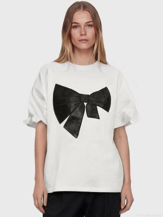 Women's 95% Cotton T-Shirt With Large Black Bow Print American Simple Loose Fit Drop Shoulder Short Sleeve Crew Neck Streetwear Top For Summer