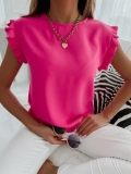 Women's Ruffle Short Sleeve Blouse Elegant Round Neck Solid Color Chiffon Polyester Top Sweet Summer Casual Office Shirt For Ladies
