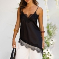Women Sexy Lace Satin Camisole V-Neck Irregular Hem Backless Tank Top Elegant Polyester Spandex Sleeveless Cami Top For Party Clubwear