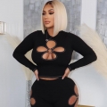 Women's Sexy Floral Cut-Out Long Sleeve Crop Top With Metal Ring Ribbed Knit Mock Neck Slim Fit Contrast Stitching Streetwear Tee