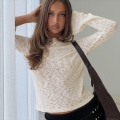 Women's Sexy Round Neck Long Flare Sleeve Hollow Out Knit Cropped Top Solid Color Breathable Slim Fit Autumn Streetwear Knitwear