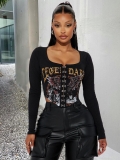 Women's Vintage Eagle Graphic Print Long Sleeve Crop Top Ribbed Knit Hook and Eye Closure Square Neck Slim Fit Streetwear Sexy Tee Shirt