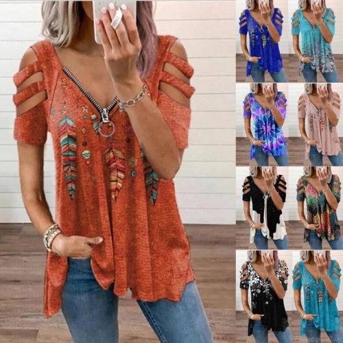 Women's V-Neck Zipper Cold Shoulder T-Shirt Sexy Hollow Out Short Sleeve Summer Casual Print Tee Tops Streetwear Polyester Soft Blouse