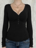Women's V-Neck Long Sleeve T-Shirt Viscose Elastane Knitted Ruched Button Decor Slim Fit Casual Basic Top For Women Y2K Style Autumn Winter
