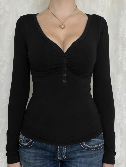 Women's V-Neck Long Sleeve T-Shirt Viscose Elastane Knitted Ruched Button Decor Slim Fit Casual Basic Top For Women Y2K Style Autumn Winter