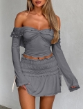 Women Y2K Sexy Off Shoulder Long Sleeve T-Shirt Ruffle Ruched Knot Front Slim Fit Viscose Spandex Top Elegant Solid Color Bell Sleeve For Autumn Winter Party Clubwear
