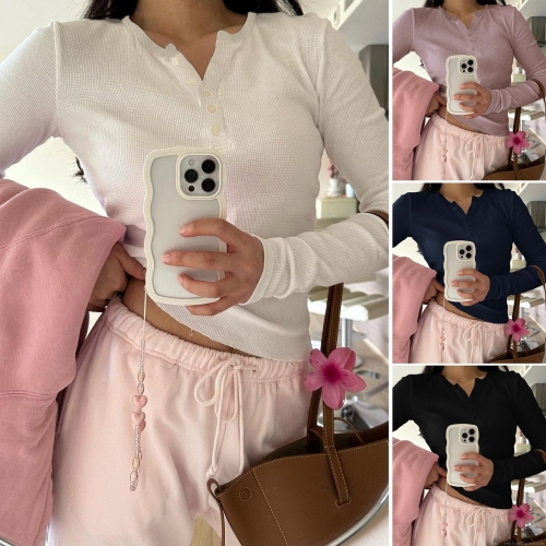 Women's Y2K Casual V Neck Henley Ribbed Knit Top Solid Color Long Sleeve Button Down Slim Fit Polyester T-Shirt