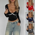 Women's Sexy Deep V-Neck Long Sleeve Top with White Lace Patchwork Slim Fit Ribbed Knit T-Shirt Y2K Streetwear Party Fashion Clothing for Women