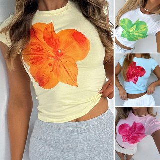 Women Y2K Floral Print Slim Fit T-Shirt Viscose Elastane Blend Casual Short Sleeve Round Neck Summer Daily Graphic Tee Top