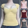 Women Sexy Y2K Slim Fit Rib Knit T-Shirt Lace Trim U-Neck Button Short Sleeve Top 93 Polyamide 7 Elastane Summer Casual Streetwear Blouse For Ladies Girls
