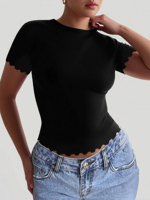 Women's Slim Fit T-Shirt Lettuce Edge Scalloped Trim Short Sleeve Top Soft Polyester Elastane Ribbed Knit Solid Color Crew Neck Tee for Summer Casual Sports Yoga Daily Wear