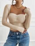 Women's Sexy Square Neck Long Sleeve T-Shirt Pleated Front Backless Viscose Elastane Slim Fit Streetwear Top For Party Date Women Clothing
