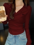 Women's V-Neck Long Sleeve T-Shirt Polyester Spandex Ribbed Knit Top With Black Bow Embroidery Side Ruched Slim Fit Casual Solid Color Blouse