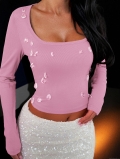 Women's Y2K Long Sleeve Cropped T-Shirt Ribbed Knit Top with Crystal Water Drop Decorations Sexy Square Neck Slim Fit Blouse for Autumn Winter Parties