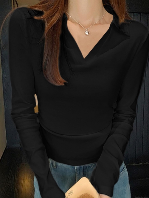 Women's V Neck Long Sleeve Polo Shirt Slim Fit Ribbed Knit Top Casual Ruched Side T-Shirt Polyester Spandex Blouse For Autumn Winter