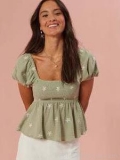 Women's Square Neck Puff Sleeve Embroidery Top Smocked Bust Peplum Hem Floral Short Sleeve Blouse Casual Streetwear Summer Shirt For Women