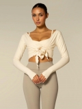 Women's Sexy Wrap V Neck Crop Top Long Sleeve Tie Up T-Shirt Slim Fit Solid Color Yoga Athleisure Top For Women Party Clubwear High Elasticity Wrap Around Tee