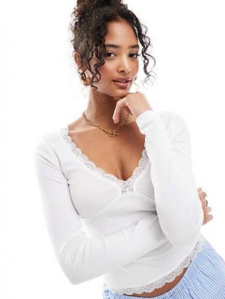 Women's Sexy V Neck Lace Trim Long Sleeve Ribbed Crop Top Slim Fit Solid Color T-Shirt Streetwear Casual Basic Tee Tops for Spring Autumn Ladies