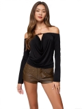 Women Sexy Off Shoulder Long Sleeve Top Solid Polyester Beaded V Neck Ruched Slim Fit T-Shirt For Party Club Night Out Casual Streetwear Blouse