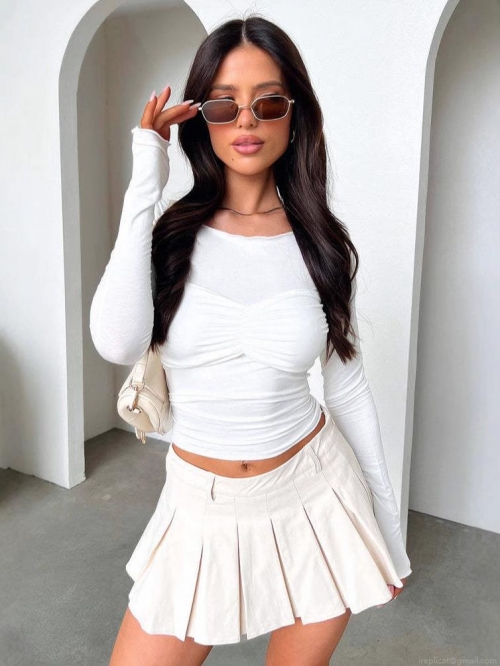 Women's Ruched Long Sleeve T-Shirt Solid Color Slim Fit Round Neck Pullover Top Comfortable Brushed Polyester Spandex Casual Streetwear Minimalist Basic Tee for Daily Wear