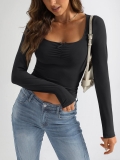 Women Sexy Square Neck Long Sleeve T-Shirt Slim Fit Milk Silk Bow Ruched Ribbed Knit Top For Autumn Winter Streetwear Party Elegant Undershirt