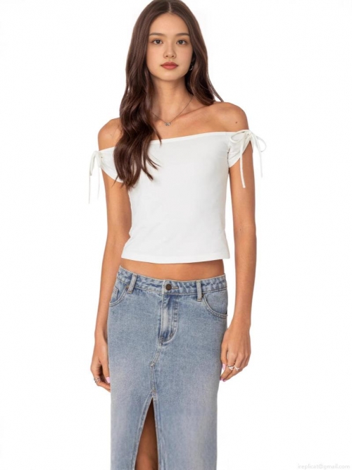 Women Sexy Off Shoulder Crop Top T-Shirt With Tie Sleeve Bow Detail Polyester Spandex Solid Color Casual Streetwear Top For Women Summer Women Sexy Off Shoulder Crop Top T-Shirt With Tie Sleeve Bow Detail Polyester Spandex Solid Color Casual Streetwear Top For Women Summer