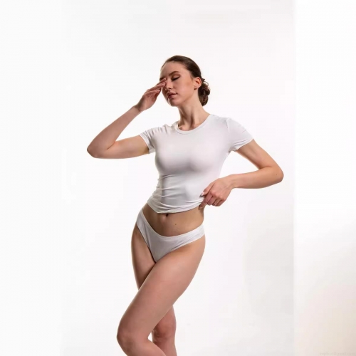 Women's Sexy Slim Fit White Short Sleeve T-Shirt And Panty Set Round Neck Solid Color Polyester Spandex Milk Silk Pullover Casual Streetwear Crop Top Set For Ladies