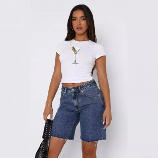 Women's Cropped T-Shirt Milk Silk Polyester Spandex Pomegranate Wine Glass Printed Short Sleeve Slim Fit Streetwear Round Neck Casual Top