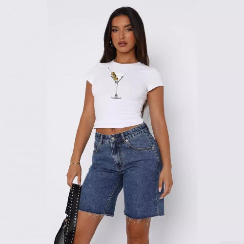 Women's Cropped T-Shirt Milk Silk Polyester Spandex Pomegranate Wine Glass Printed Short Sleeve Slim Fit Streetwear Round Neck Casual Top Women's Cropped T-Shirt Milk Silk Polyester Spandex Pomegranate Wine Glass Printed Short Sleeve Slim Fit Streetwear Round Neck Casual Top