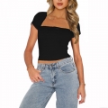 Women's Slim Fit Cropped T-Shirt Square Neck Lace Trim Bow Detail Short Sleeve Ribbed Top Sexy Solid Color Casual Summer Streetwear Tee for Women