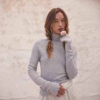 Women's Waffle Knit High Neck Long Sleeve T-Shirt Slim Fit Lettuce Trim Base Layer Top With Thumb Holes Soft Stretch Autumn Winter Casual Undershirt