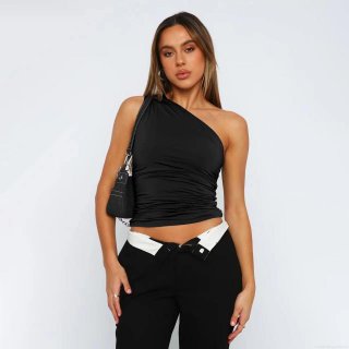 Women's Sexy One Shoulder Ruched Crop Top Y2K Slim Fit Sleeveless Polyester Spandex T-Shirt Solid Color Tie Dye Printed Summer Streetwear Tee