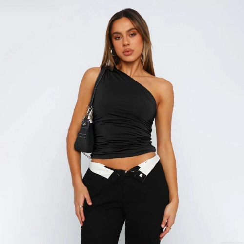 Women's Sexy One Shoulder Ruched Crop Top Y2K Slim Fit Sleeveless Polyester Spandex T-Shirt Solid Color Tie Dye Printed Summer Streetwear Tee