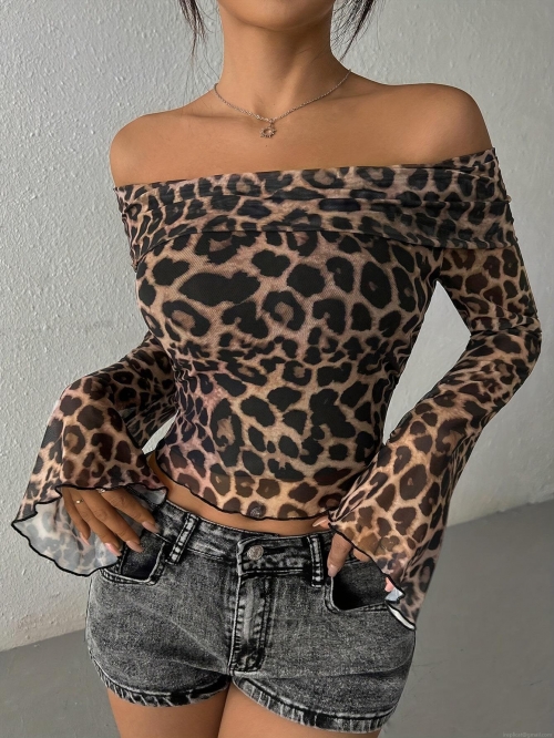 Women Sexy Leopard Print Off Shoulder Long Sleeve Crop Top Sheer Mesh Flared Sleeve T-Shirt Slim Fit Ruffle Hem Tee Streetwear Polyester Spandex Top