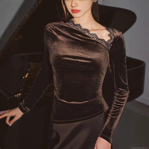 Women's Elegant Velvet Off Shoulder Long Sleeve Top Sexy Lace Splicing Ruched Slim Fit T-Shirt Solid Color Base Layer Shirt Streetwear Hot Girl Outfits