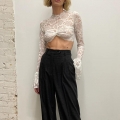 Women Sexy Lace See-Through Crop Top Floral Long Bell Sleeve Round Neck Slim Fit T-Shirt Sexy Hot Girl Style Mesh Top Twist Front Party Clubwear