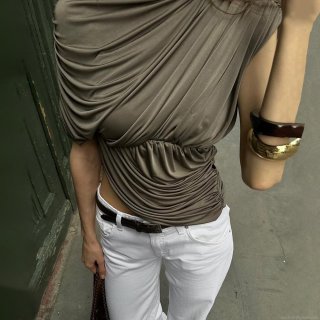 Women's Sexy Ruched One Shoulder T-Shirt Asymmetrical Single Sleeve Pleated Top Milk Silk Polyester Slim Fit Streetwear Party Clubwear Tee