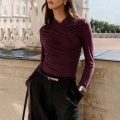 Women's Sexy Ruched V-Neck Slim Fit Long Sleeve T-Shirt Solid Color Modal Fiber Bodycon Top Elegant Asymmetric Hem Streetwear Tee