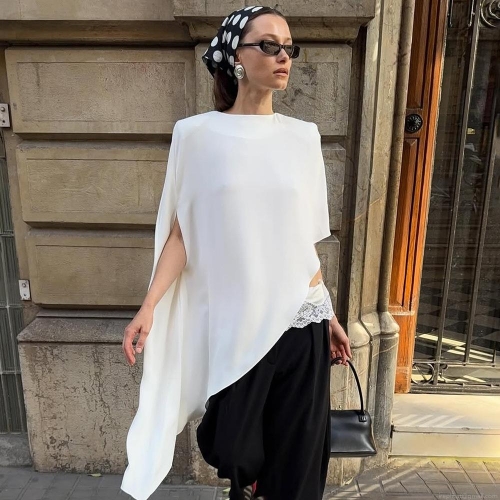 Women's Fashion Solid Color Batwing Sleeve Irregular Hem Longline T-Shirt Round Neck Casual Loose Pullover Top Streetwear Style For Women