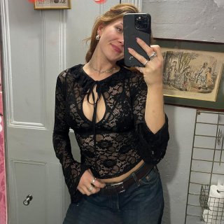 Sexy Perspective Lace Long Sleeve Crop Top For Women Chic Tie-Up Front Sheer Floral Mesh Polyester T-Shirt Streetwear Clubwear Black