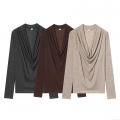 Women's Draped Cowl Neck Long Sleeve T-Shirt Elegant Slim Fit Pullover Knit Solid Color Streetwear Autumn Top Casual Draped Front Tee